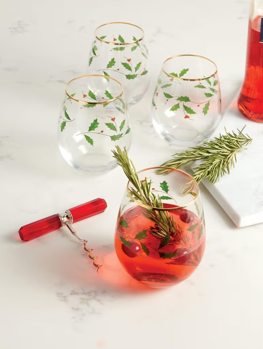 NIB Lenox Holiday 4-Piece Stemless Wine Glasses, Christmas Drinkware Set Hosting
